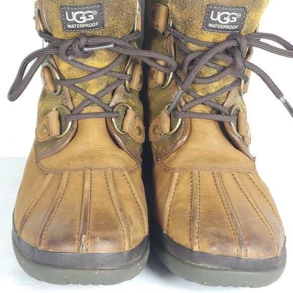 UGG Women's Cecile US 8 Brown Leather Waterproof Sheepskin Lined Duck Boots - Picture 4 of 15